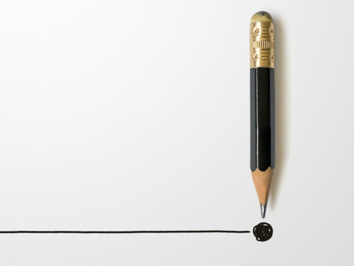 Black colour pencil with outline to end point on white paper background. Creativity inspiration ideas concept