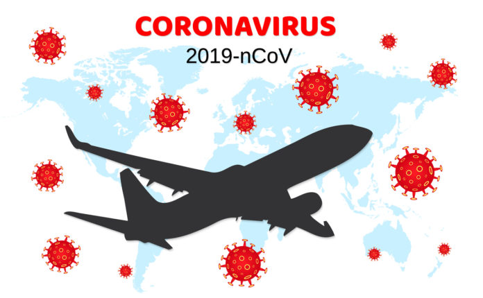 Dangerous chinese coronavirus. Wuhan Novel coronavirus 2019-nCoV. Airplane flying. Pandemic medical health risk. Vector illustration