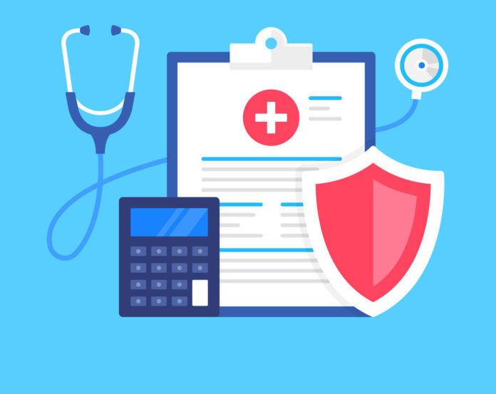 Health insurance. Vector illustration. Medical protection, medical insurance concepts. Flat design. Clipboard with healthcare document, stethoscope, calculator and shield