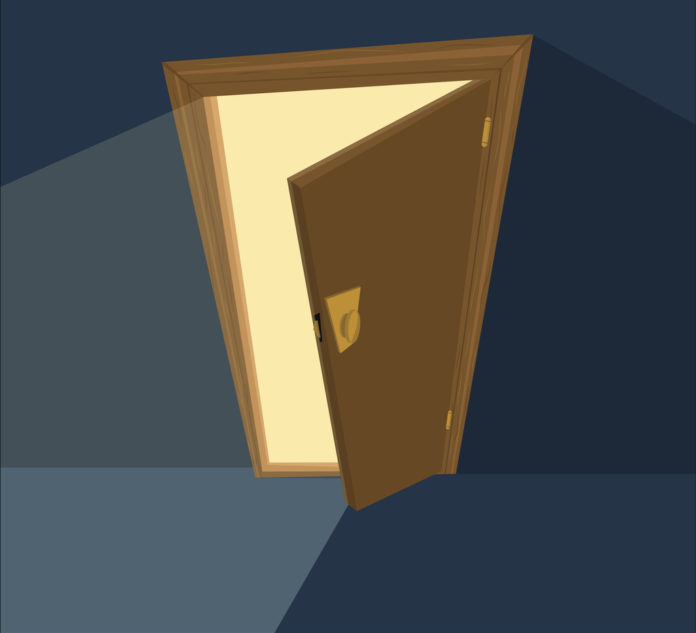 ajar door on dark blue background. Flat illustration. Vector