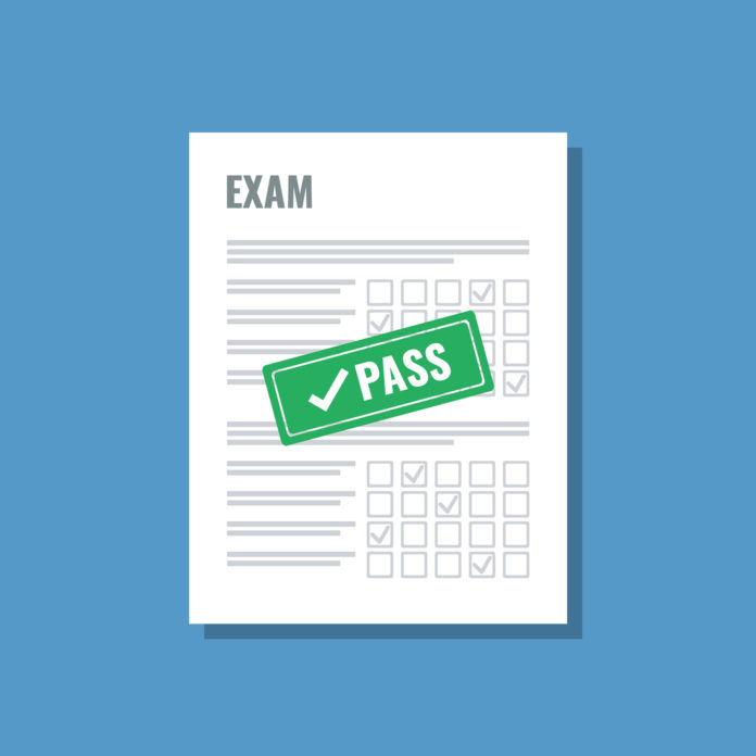 exam sheet with green pass stamp, flat vector illustration