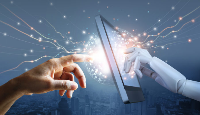 Hands of robot and human touching on big data network connection, Science and artificial intelligence technology, innovation and futuristic, AI, Machine learning.