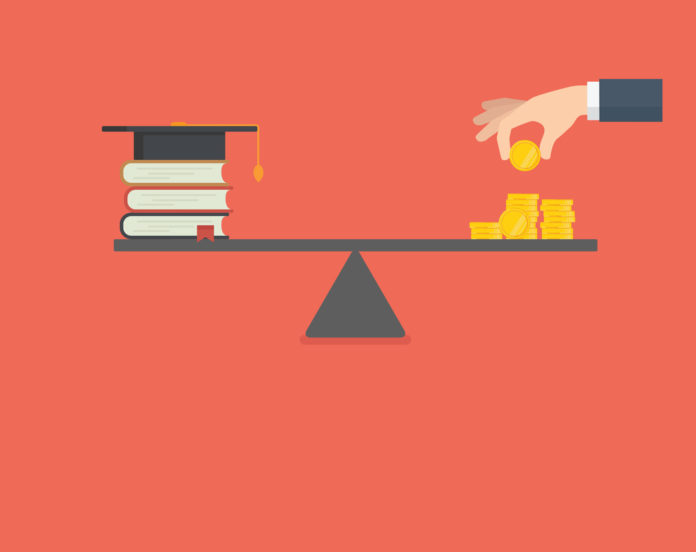 Education Investment. Saving Money For Education. Stack of Book and Money on the scale. High cost of education