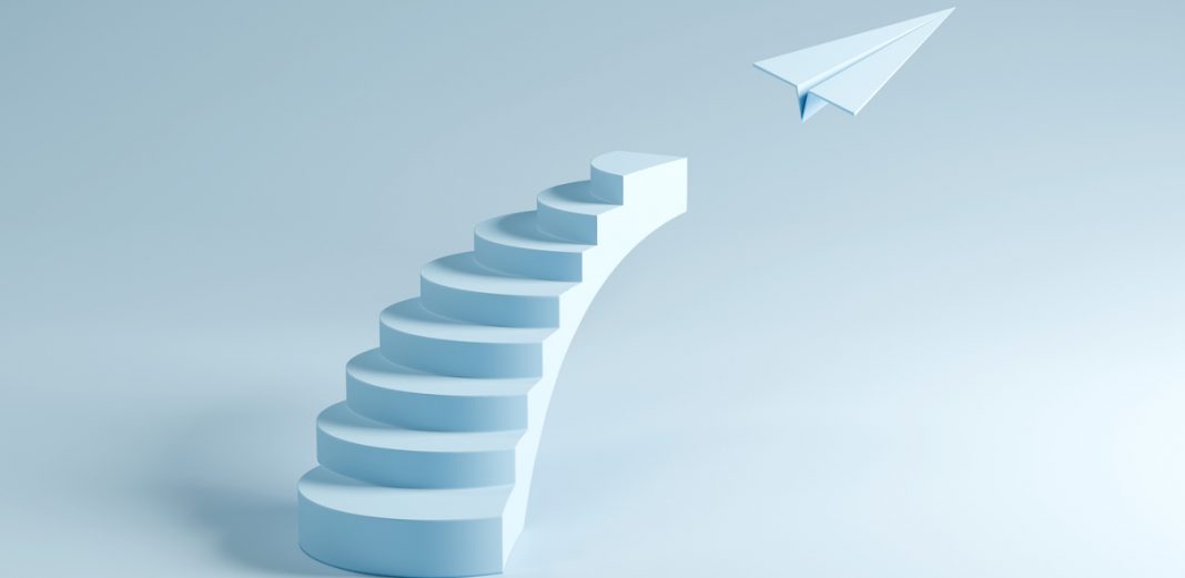 Stairs Leading to Flying Paper Plane - Success, Growth, and Freedom, 3D Render