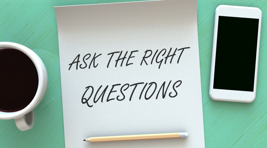 ASK THE RIGHT QUESTIONS, message on paper, smart phone and coffee on table, 3D rendering
